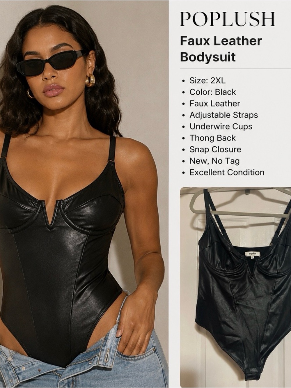 Faux Leather Black Bodysuit with Underwire Cups - Women's Intimates